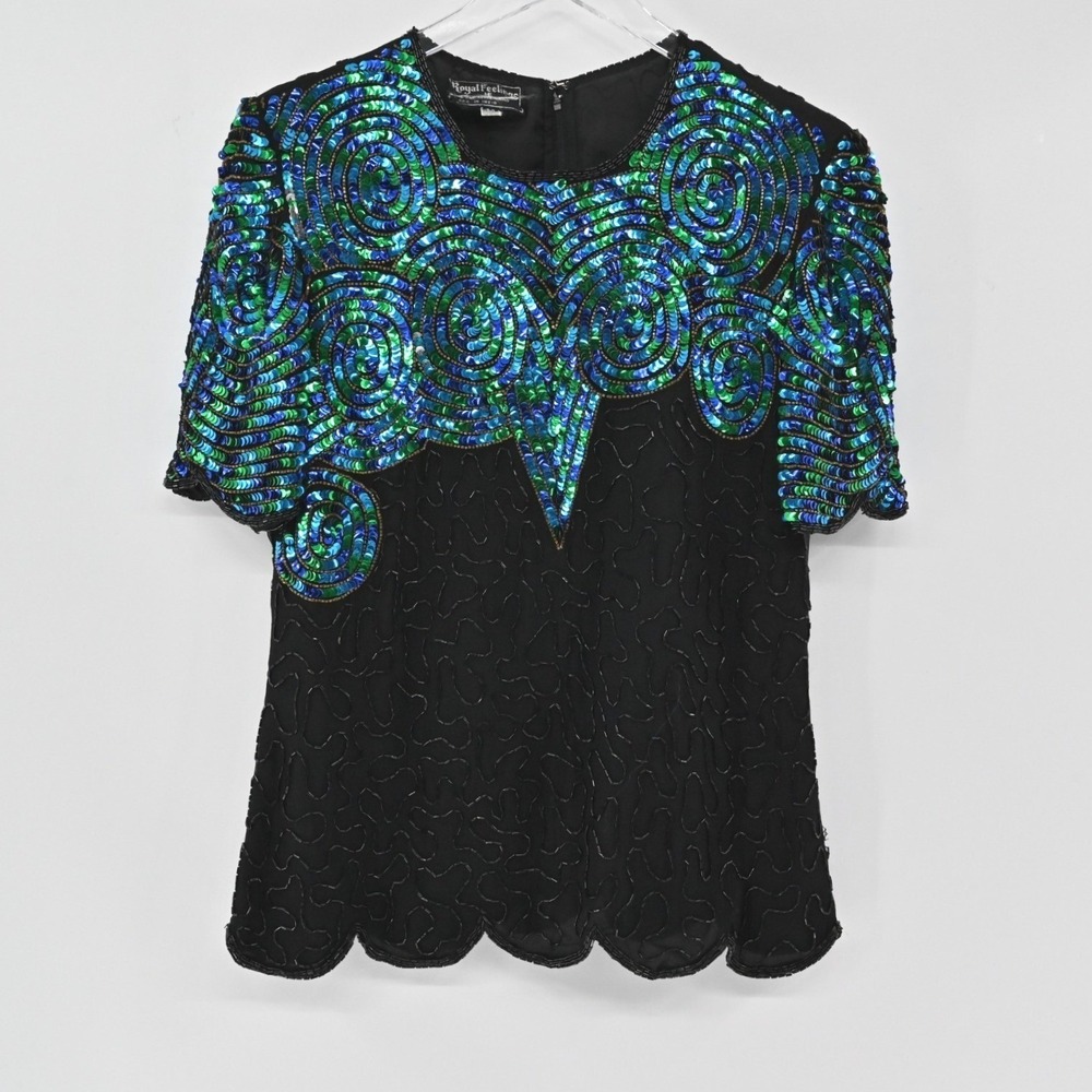 Vintage 80s Silk Beaded Sequin Top Womens Size M Black Blue Swirl Royal Feelings